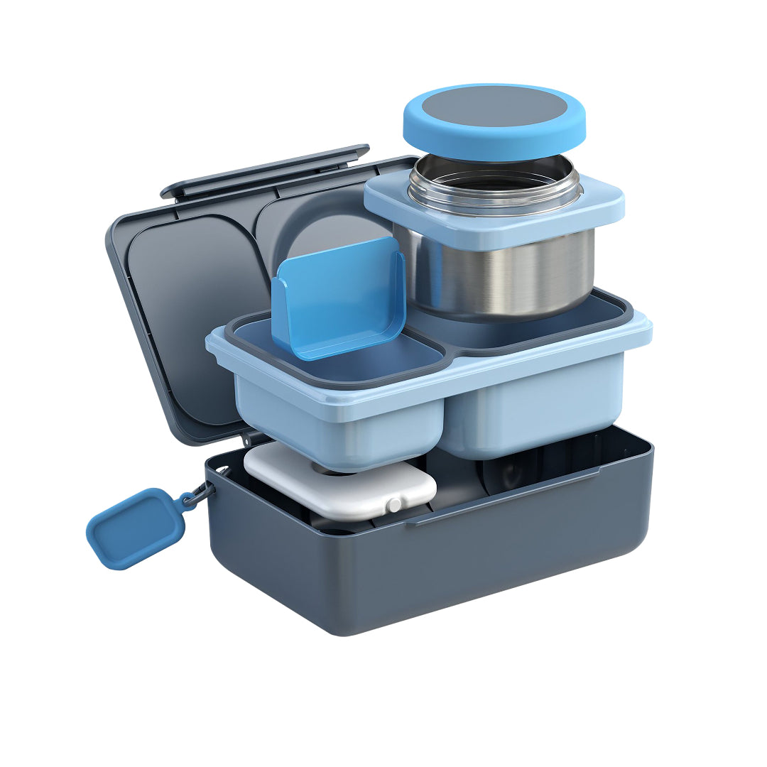 OmieBox Up Graphite bento lunch box with deep compartments displaying multiple hot and cold meal combinations.