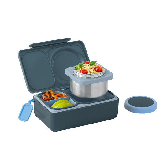 OmieBox Up Hot & Cold Bento Box in Graphite open to show deep compartments, insulated thermos and lunch container layout.