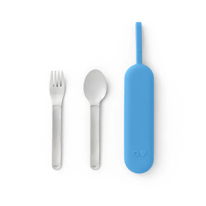 Stainless steel lunch box cutlery set with blue OmieBox Up pod, fork and spoon.