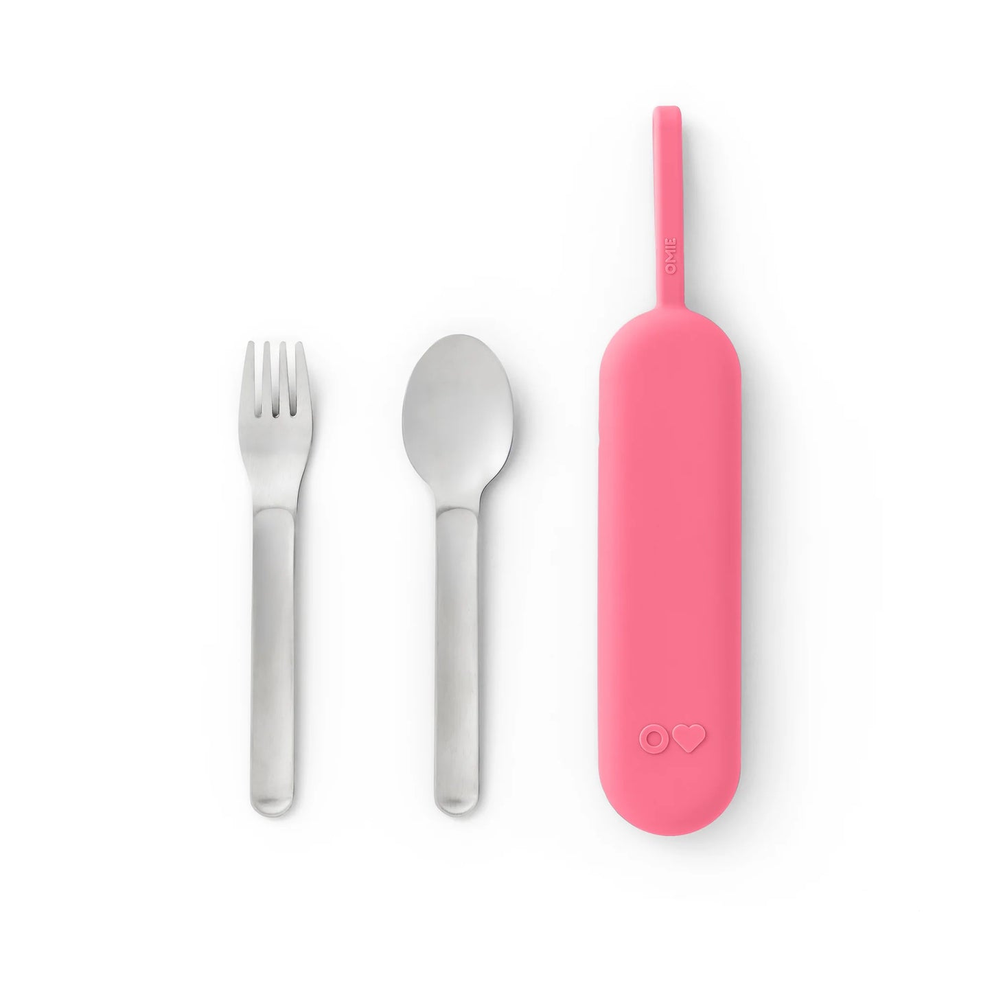 A pink stainless steel cutlery pod set consisting of a fork, spoon, and a pod that attaches to a bag, displayed against a white background.