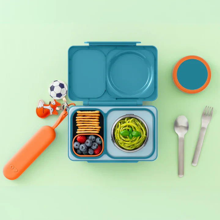 Sunshine OmieBox Up stainless steel cutlery set displayed beside matching lunch box.