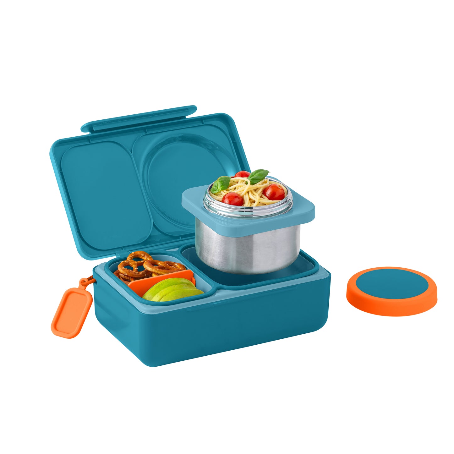 OmieBox Up Hot & Cold Bento Box in Teal Green open to show deep compartments, insulated thermos and modular lunch container layout.