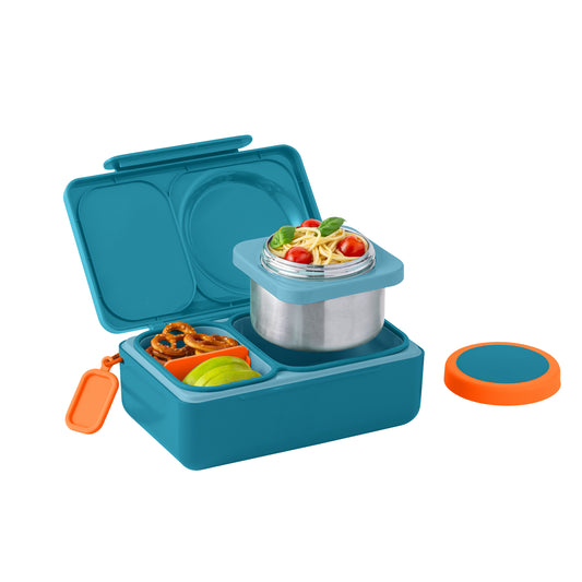 OmieBox Up Hot & Cold Bento Box in Teal Green open to show deep compartments, insulated thermos and modular lunch container layout.