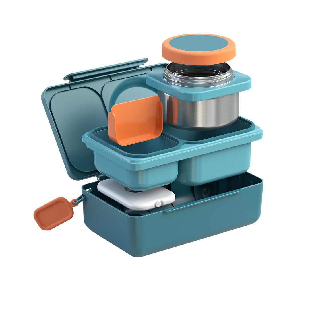 Teal Green OmieBox Up grown up lunch box stacked to show modular deep compartments and removable insulated thermos.