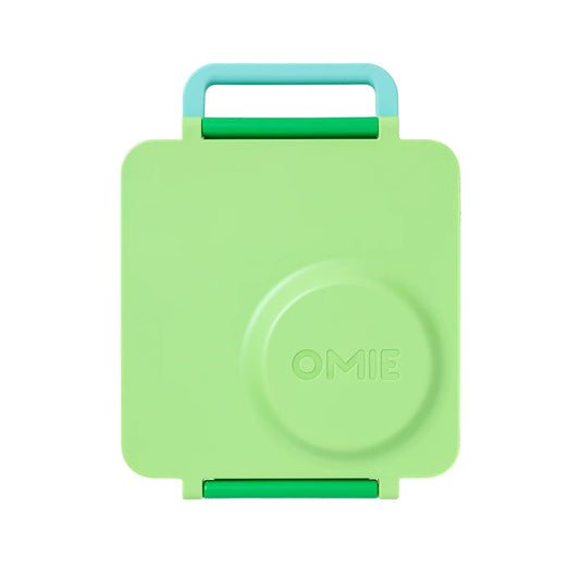 Apple Green OmieBox V2 leakproof bento lunch box shown closed with carry handle.