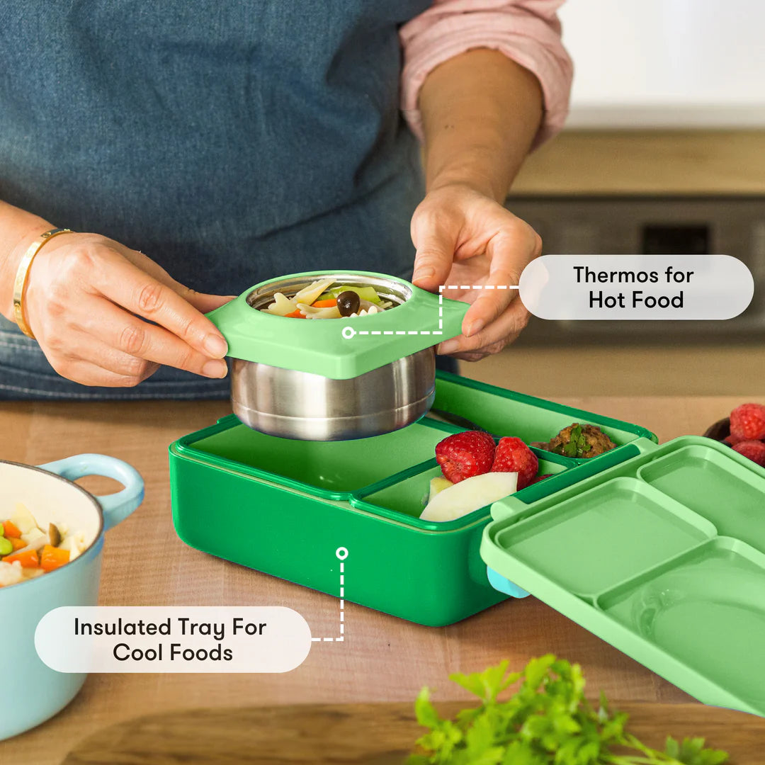 Apple Green OmieBox V2 showing insulated jar and leakproof bento compartments for packing hot and cold food.