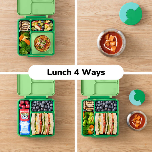 Apple Green OmieBox V2 leakproof bento box displaying multiple lunch combinations.