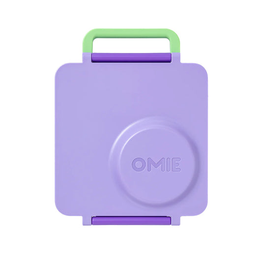 Lilac Purple OmieBox V2 leakproof bento lunch box shown closed with handle.