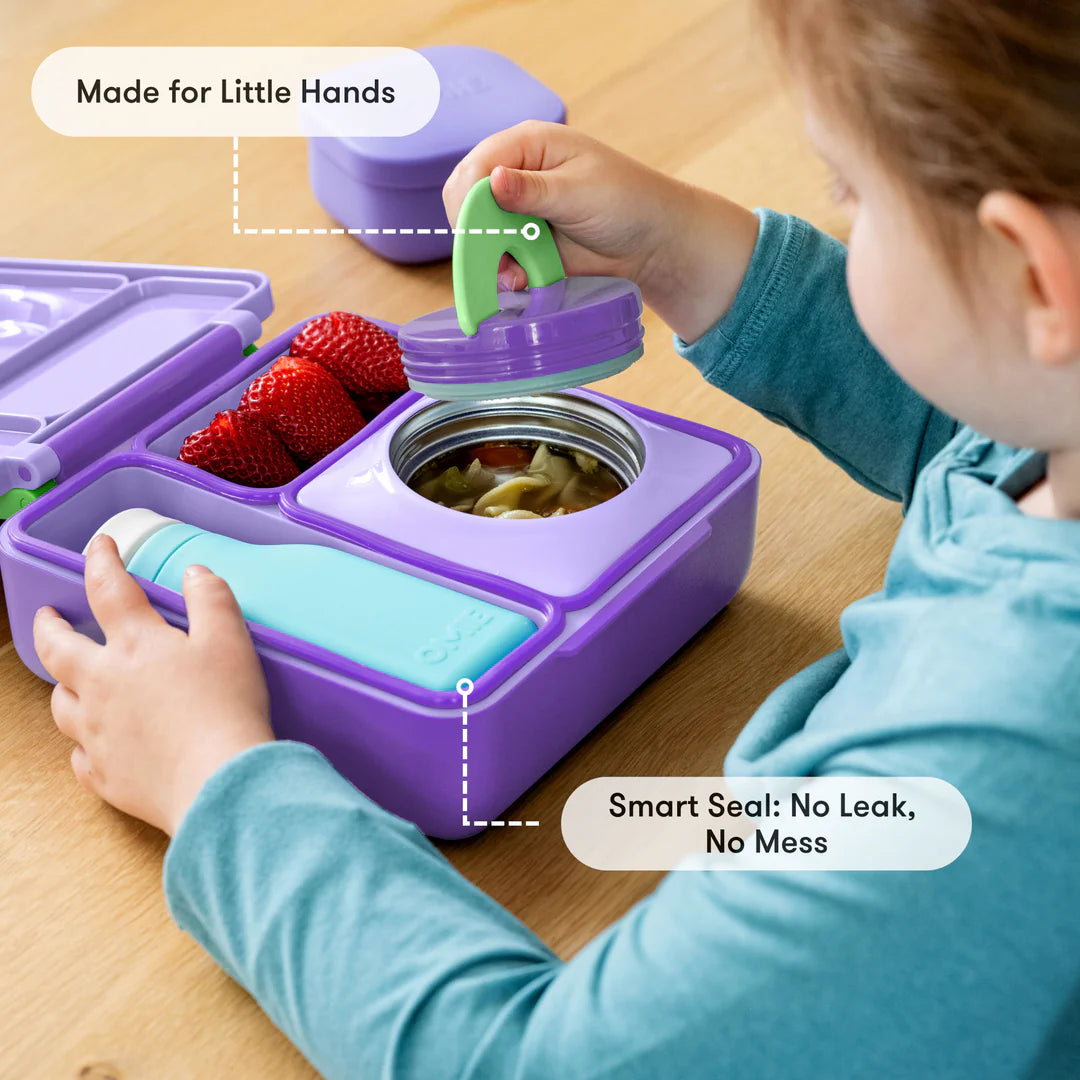 Lilac Purple OmieBox V2 showing insulated jar and leakproof bento compartments for hot and cold food.
