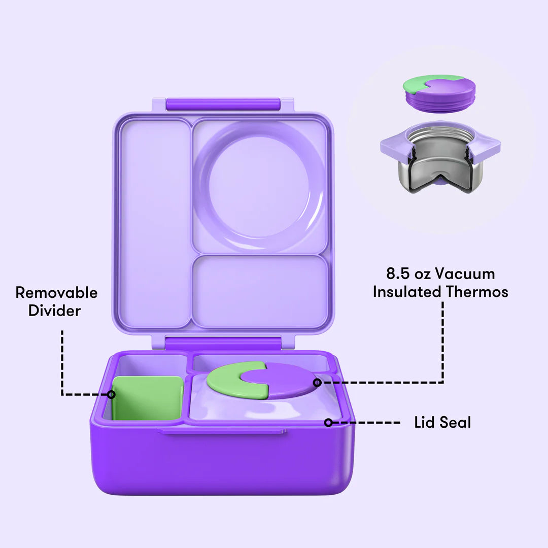 Lilac Purple OmieBox V2 showing insulated jar and leakproof bento compartments for hot and cold food