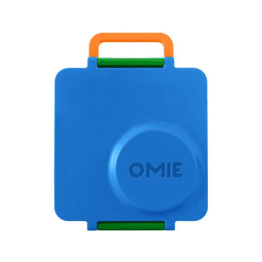 Monster Blue OmieBox V2 leakproof bento lunch box shown closed with sturdy carry handle.