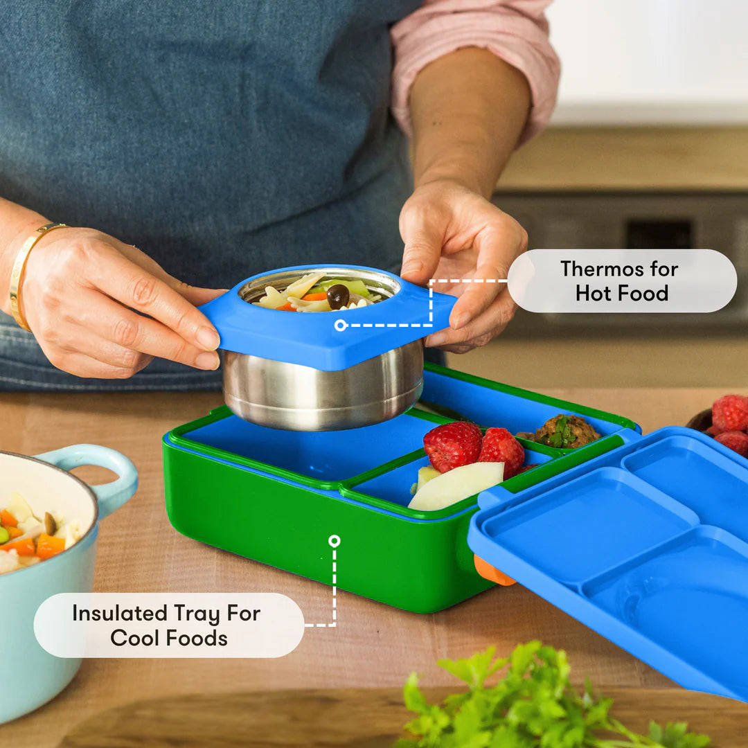 Monster Blue OmieBox V2 showing insulated jar and leakproof bento compartments for hot and cold food.