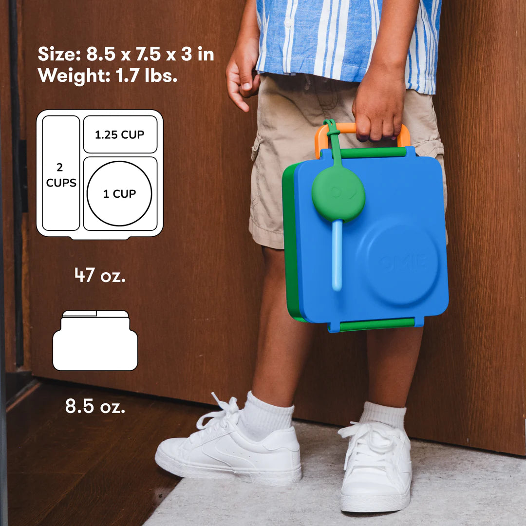 Child carrying the Monster Blue OmieBox V2 leakproof bento lunch box, a popular option in Australia.
