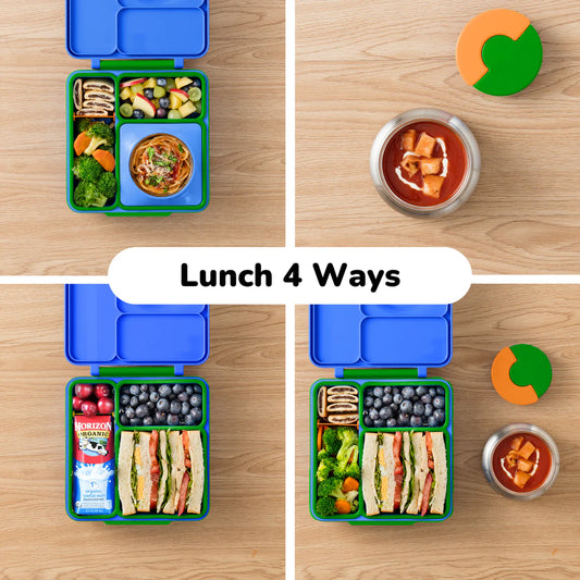 Monster Blue OmieBox V2 leakproof bento box displaying multiple lunch combinations.