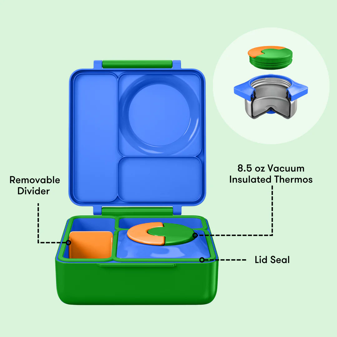 Blue and green lunch box with removable divider and 8.5 oz vacuum insulated thermos on a light green background
