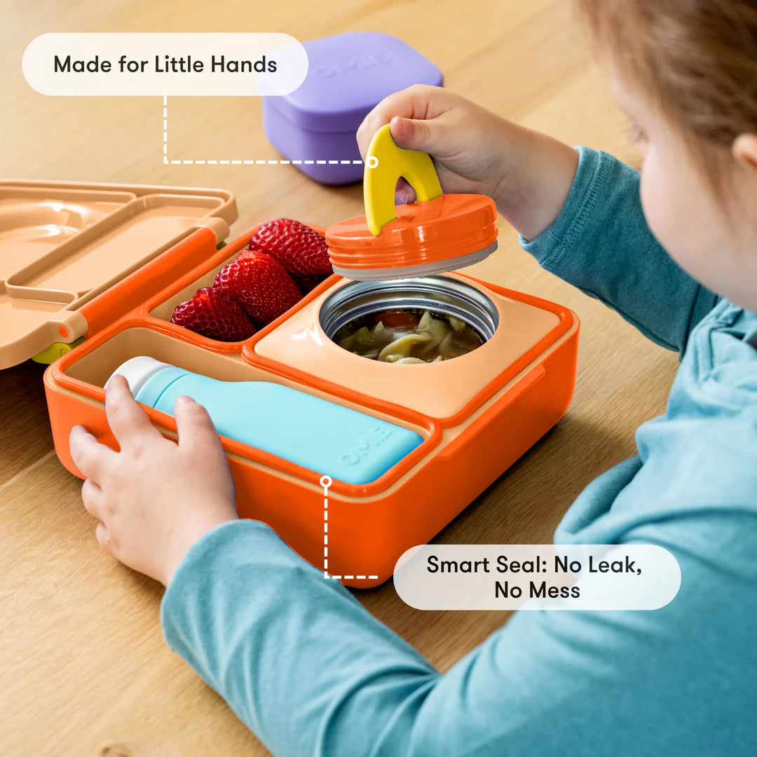 Poppy Orange OmieBox V2 showing insulated jar and leakproof bento compartments for hot and cold food.