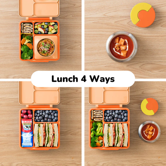 Poppy Orange OmieBox V2 leakproof bento box displaying multiple lunch combinations.