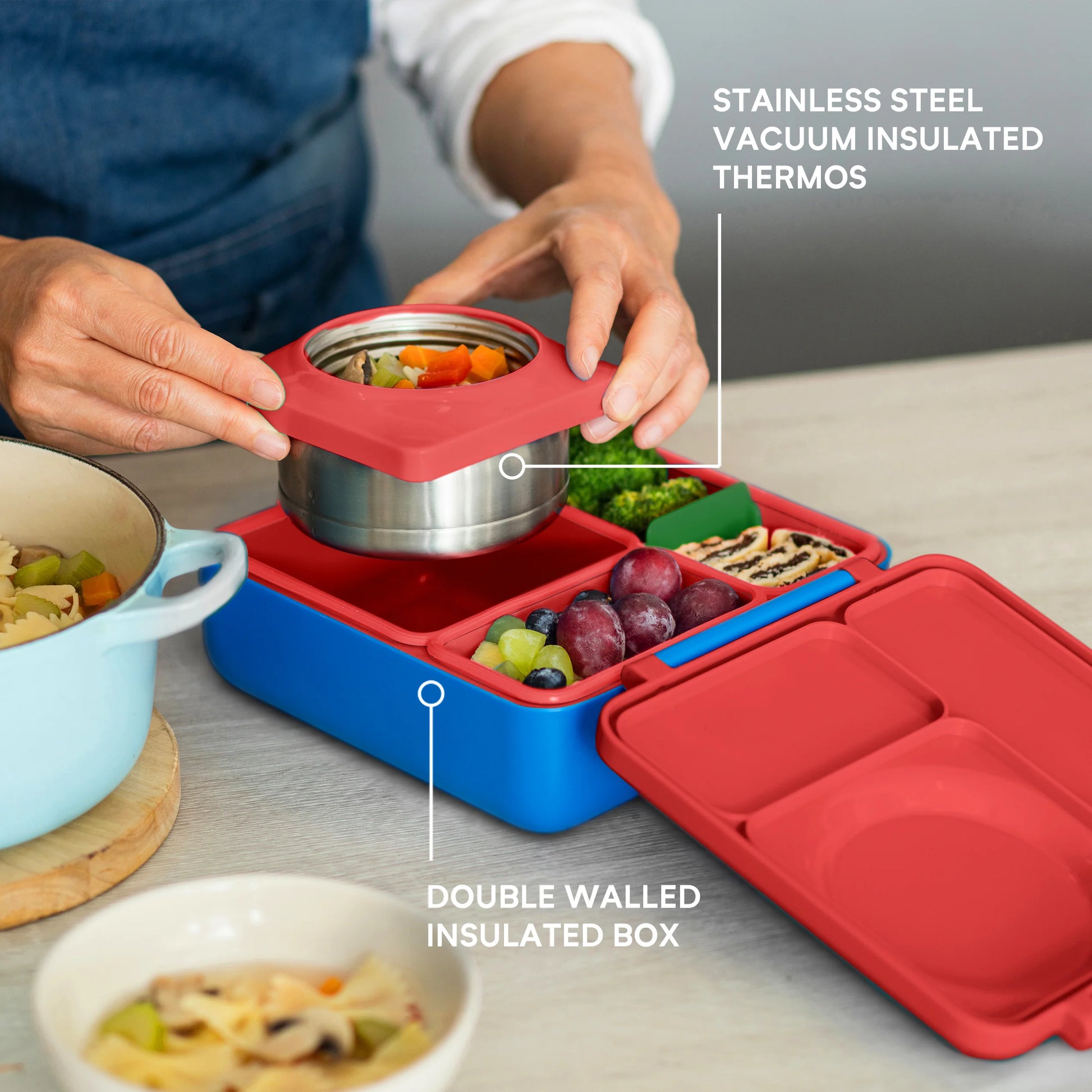 Scooter Red OmieBox V2 showing insulated jar and leakproof bento compartments for packing hot and cold food.
