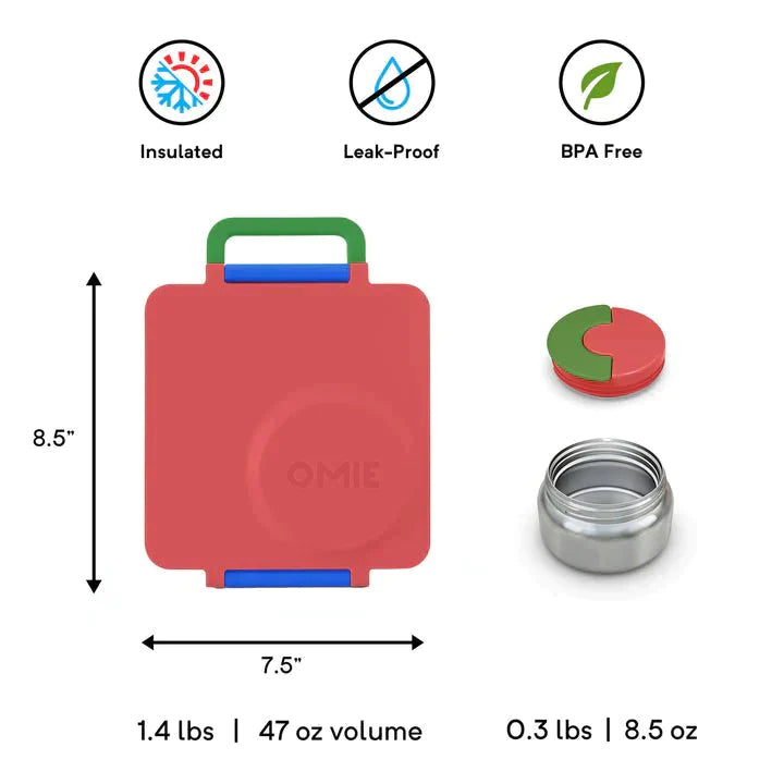 Scooter Red OmieBox V2 showing features such as BPA free , Leak Proof volume and capacity dimesions