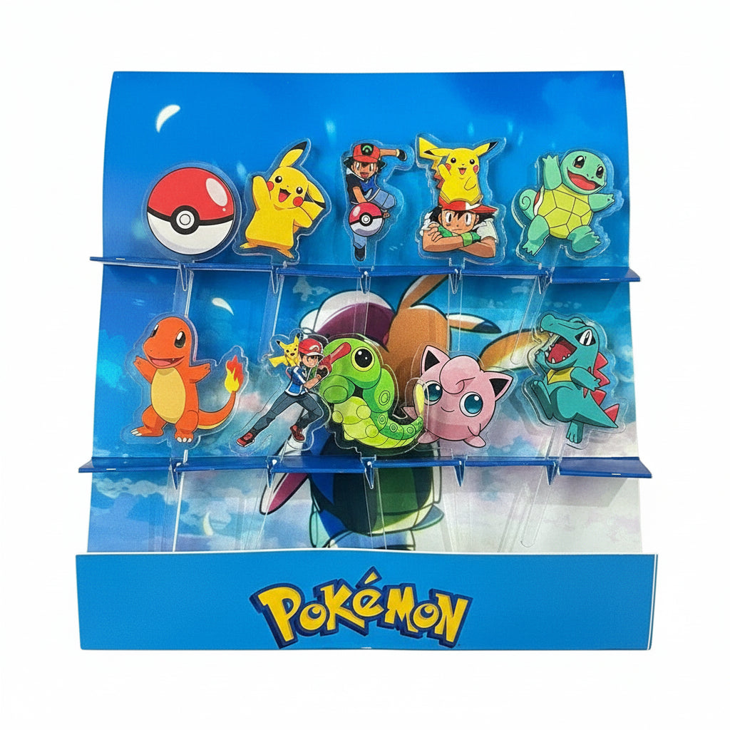 A set of colorful acrylic food picks featuring various Pokemon characters, displayed in a clear packaging with blue background.