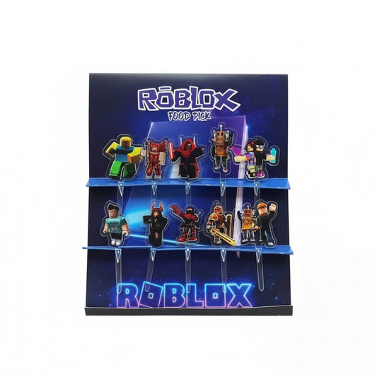 A display of Roblox-themed acrylic food picks featuring various character figures.