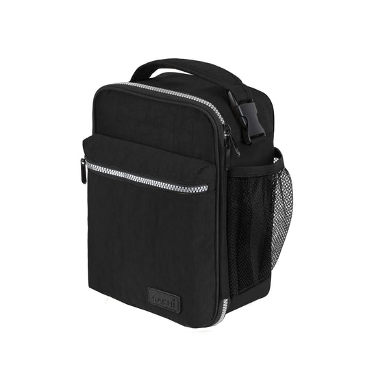 Black Sachi Explorer insulated lunch bag with rugged, durable build for everyday food transport.