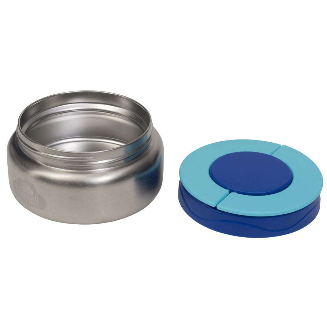 Stainless steel thermos food jar with blue lid on a white background