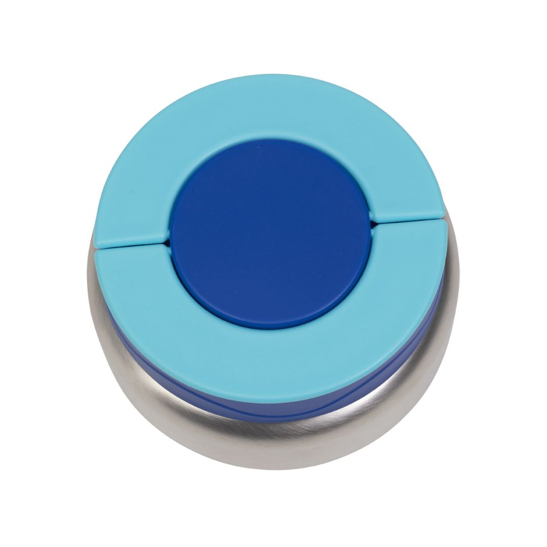 Top of Insulated food Jar  with blue and silver design on a white background