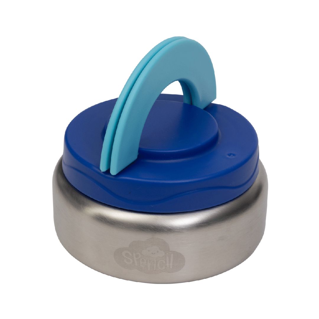 Insulated Blue and silver lid with a handle on a white background