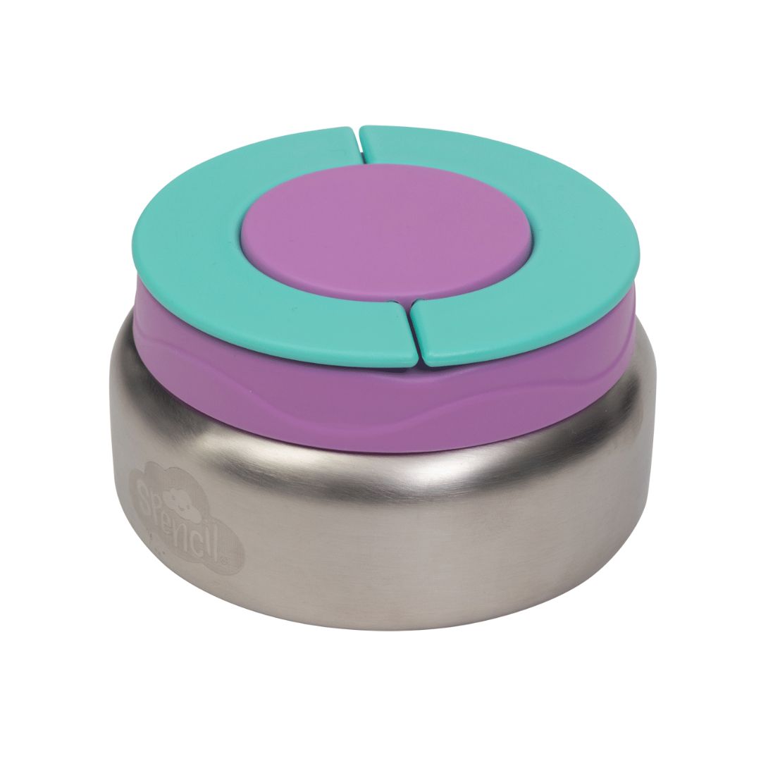 Spencil Lilac stainless steel container with a purple and teal lid on a white background