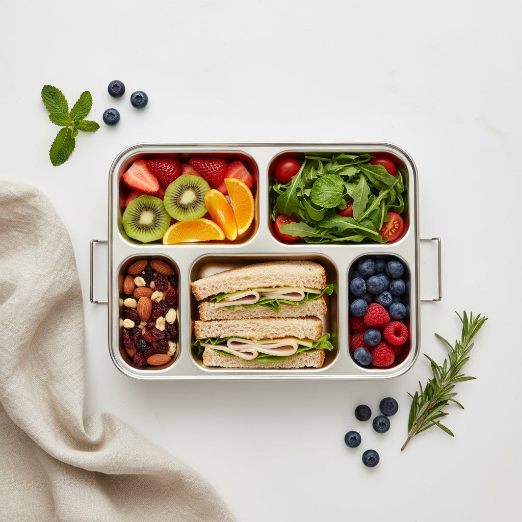 Flatlay of a stainless steel bento box with five compartments filled with healthy food including fruit, salad, nuts, and sandwiches, surrounded by blueberries, herbs, and a beige napkin on a white background.
