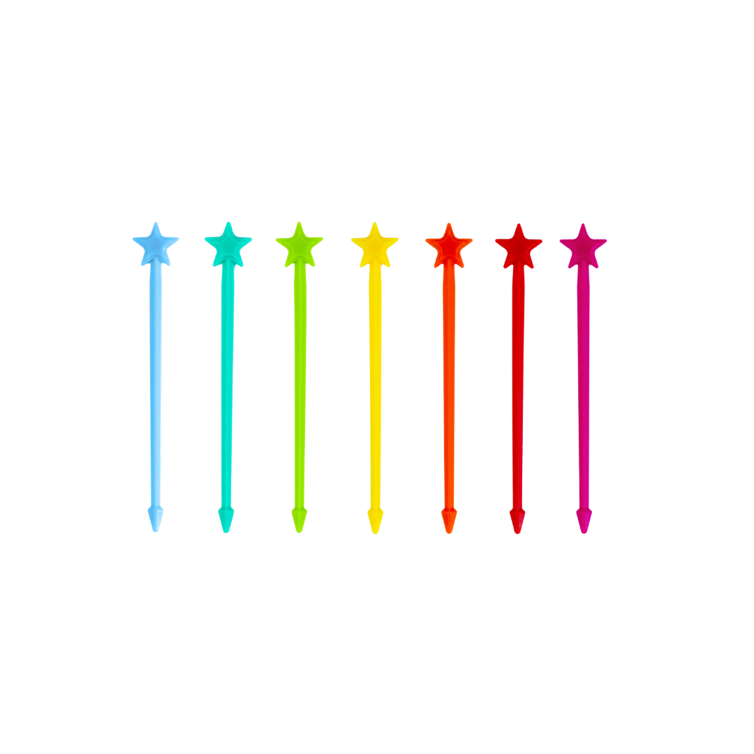 Colorful star-shaped stir sticks on a white background