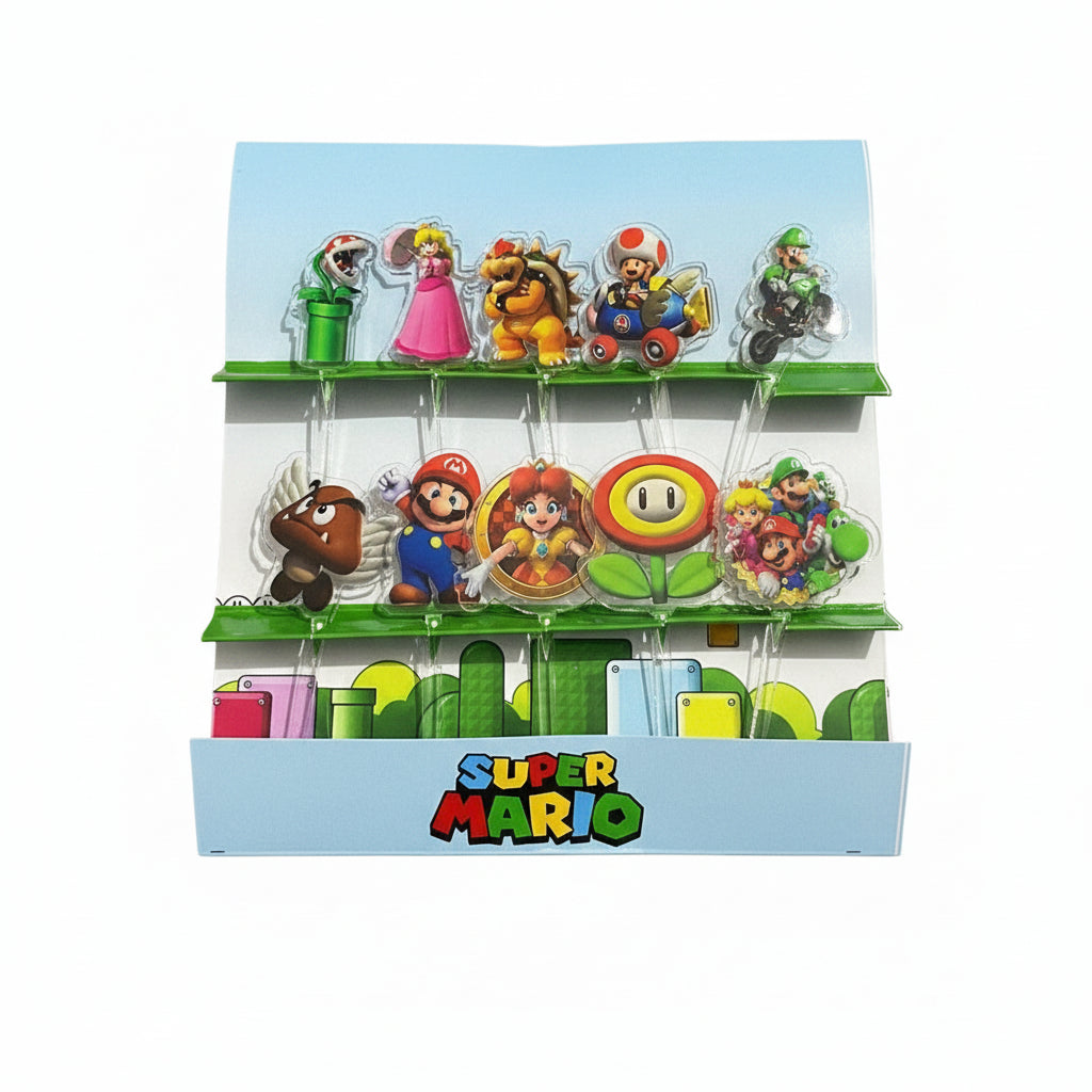 A selection of Super Mario themed acrylic food picks displayed on a stand, featuring characters such as Mario, Luigi, Princess Peach, and Yoshi.