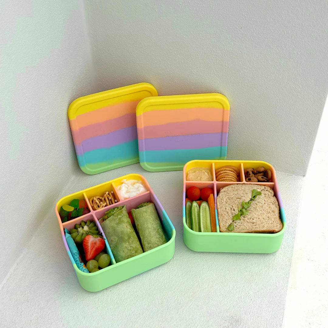 Rainbow Big Bento silicone lunch box with leakproof compartments and dishwasher‑safe design.