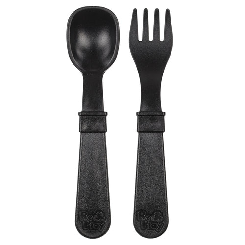 a picture of Re-Play Spoon and Folk Set - Blackon a white background for making lunch time fun and playful