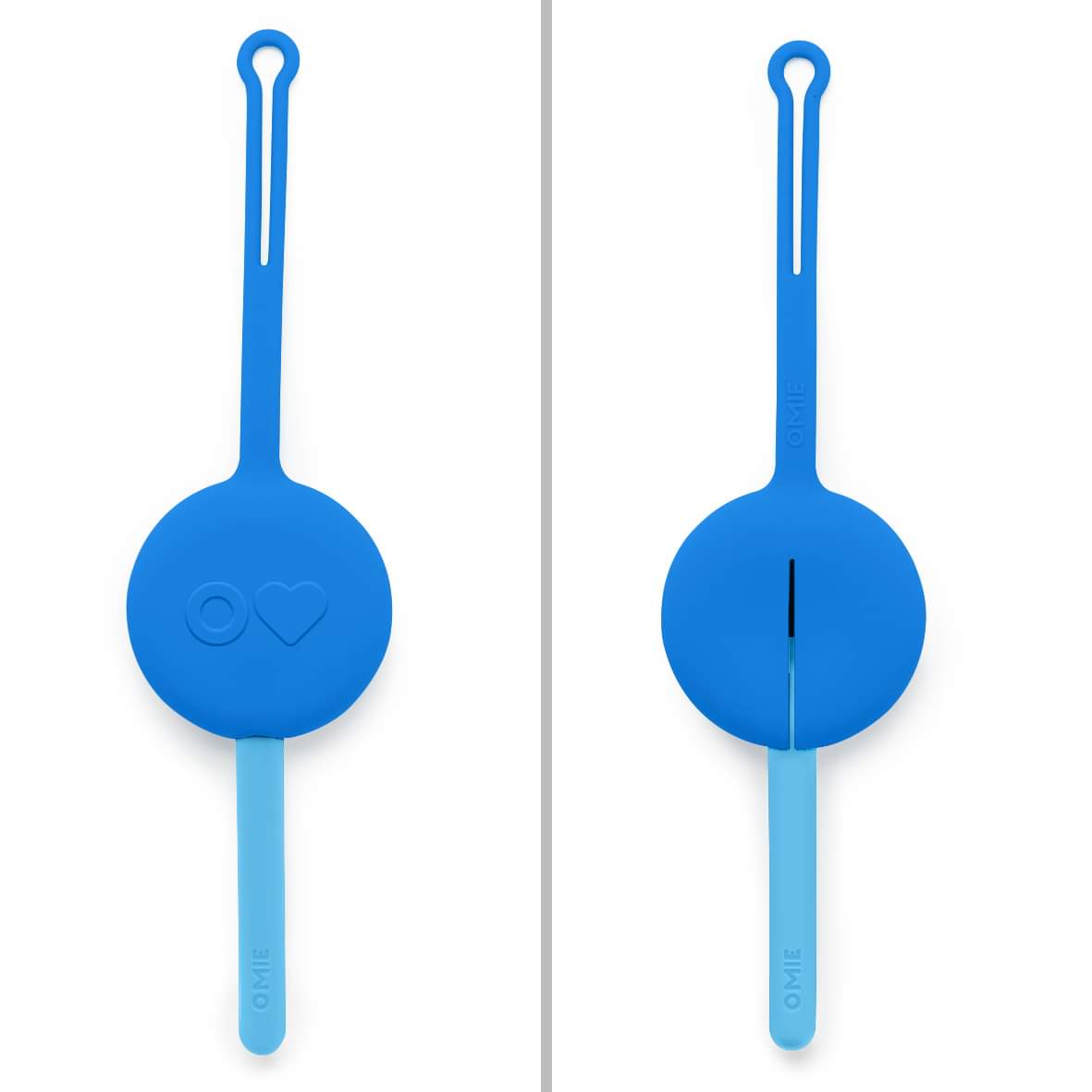 Blue Omie cutlery pod with nesting fork and spoon in a portable silicone travel case.