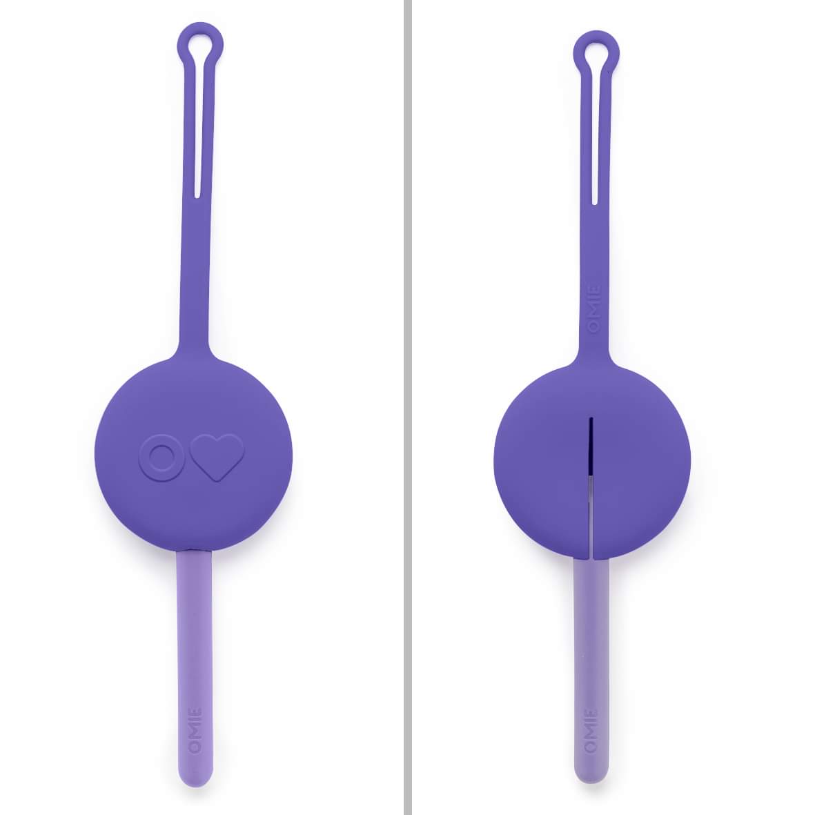Purple Omie cutlery pod with nesting utensils and a soft silicone travel case.