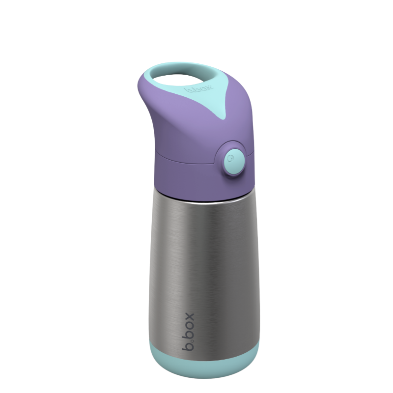 a picture of b.box Insulated Drink Bottle 350ml - Lilac Popon a white background for icey cold drinks