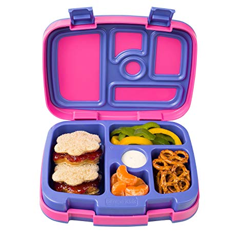 Bentgo Kids Bright Fuchsia lunch box open showing multiple compartments filled with sandwiches, fruit and snacks