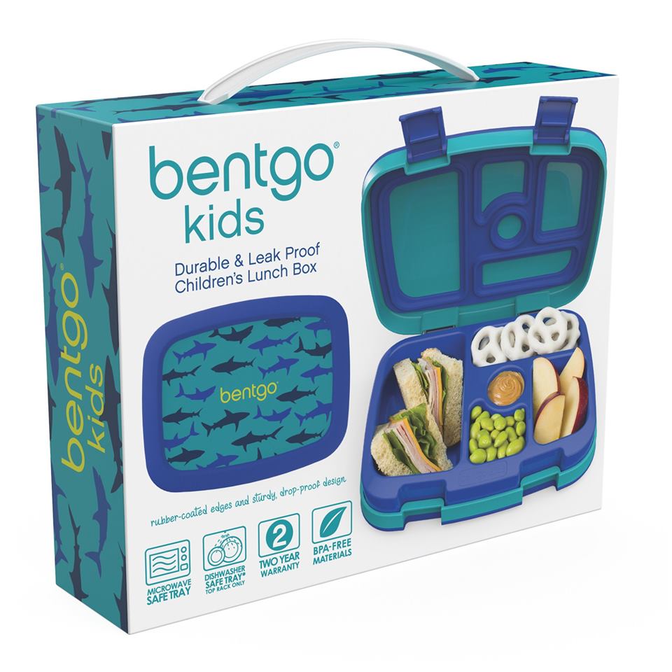 Bentgo Kids Shark lunch box packaging showing product and compartment layout