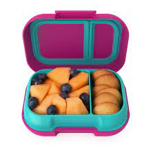Bentgo Kids Snack Box Fuchsia closed view with teal latch and compact design