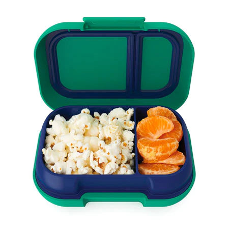 Bentgo Kids Snack Box Green open showing two compartments filled with popcorn and orange slices