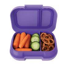 Bentgo Kids Snack Box Purple open showing three compartments filled with carrots, cucumber and pretzels