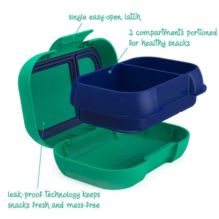 Bentgo Kids Snack Box Red top‑down diagram showing compartment sizes and measurements
