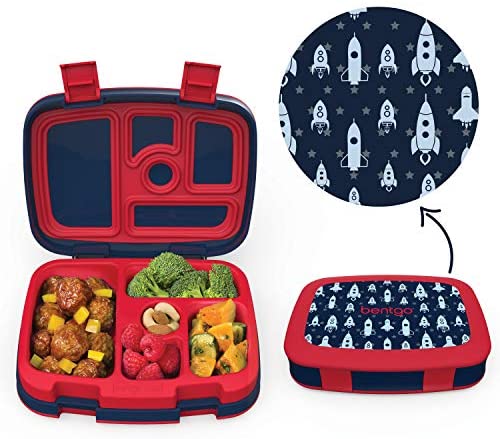Bentgo Kids Space Rockets lunch box closed view with red exterior and rocket pattern