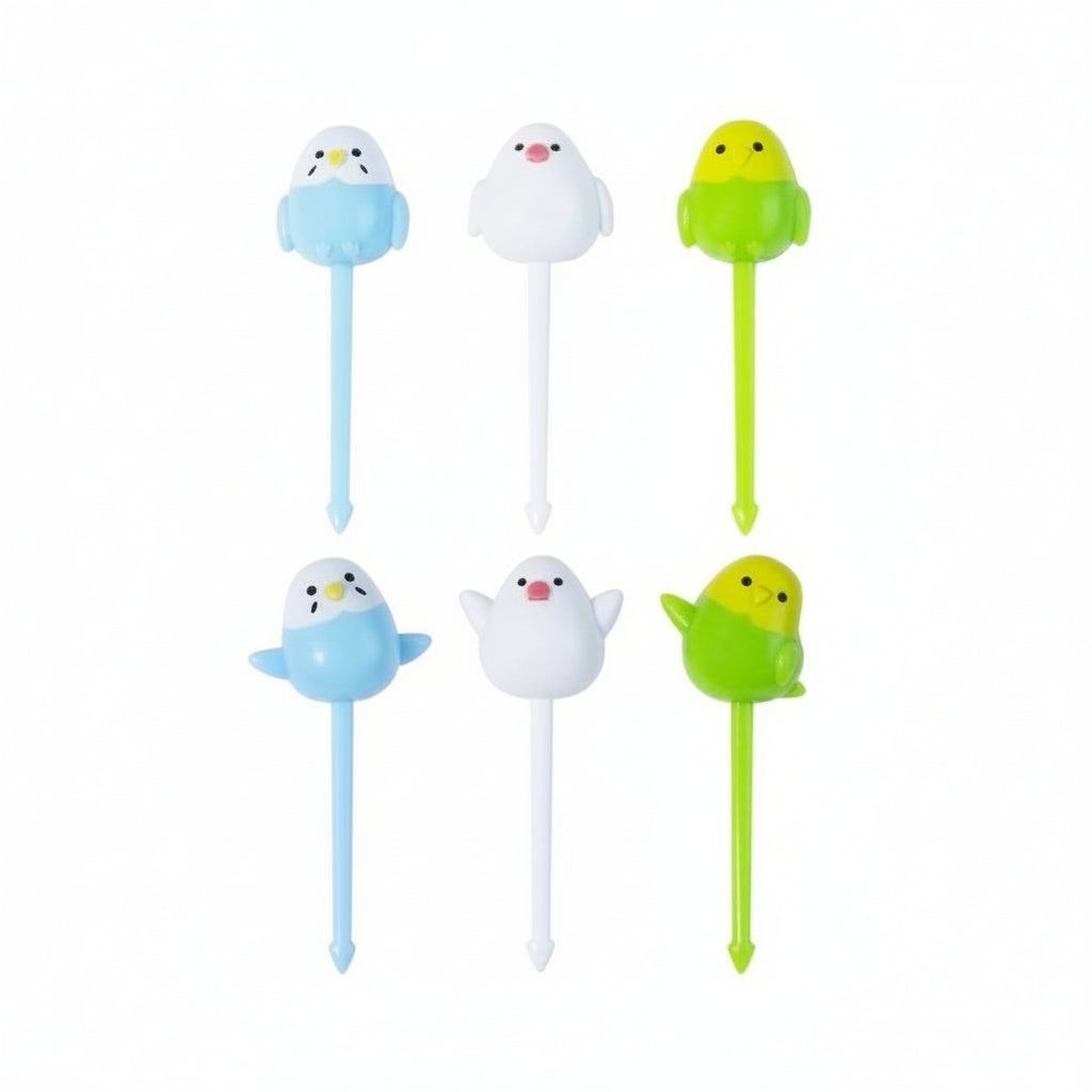 A set of six plastic food picks in two colors, blue and green, each pick shaped like a bird with a 5 cm length.