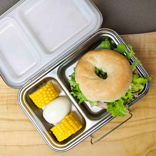 Ecococoon stainless steel leakproof bento box with five compartments classic design shown filled with food to highlight its durable metal lunch box design.