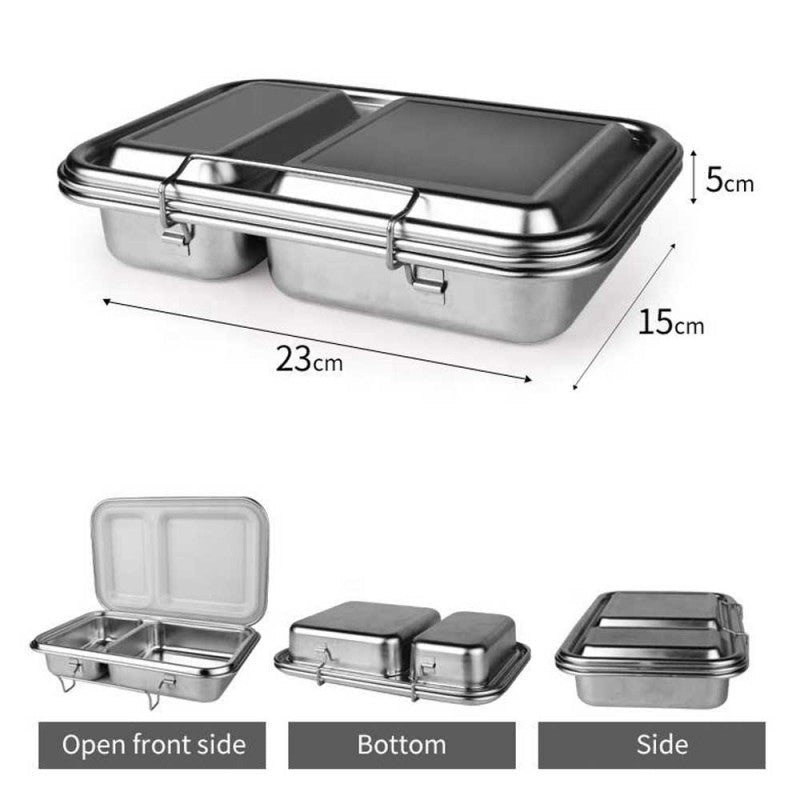 Ecococoon stainless steel leakproof bento box with two compartments showing dimensions.
