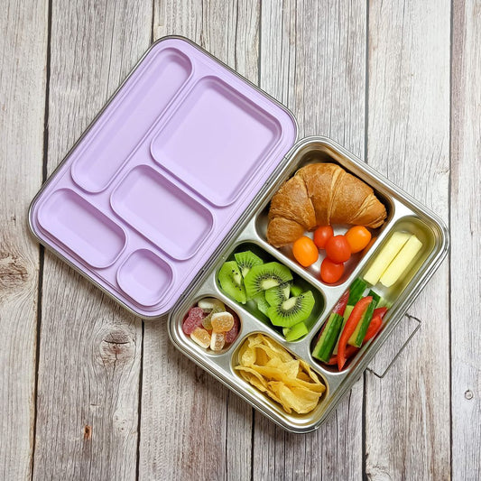Ecococoon stainless steel leakproof bento box with five compartments and purple lid, shown filled with food to highlight its durable metal lunch box design.