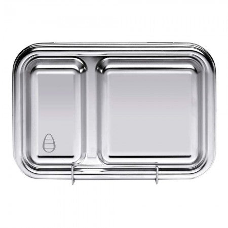 Ecococoon stainless steel leakproof bento box with two compartments shown facing up on white background.